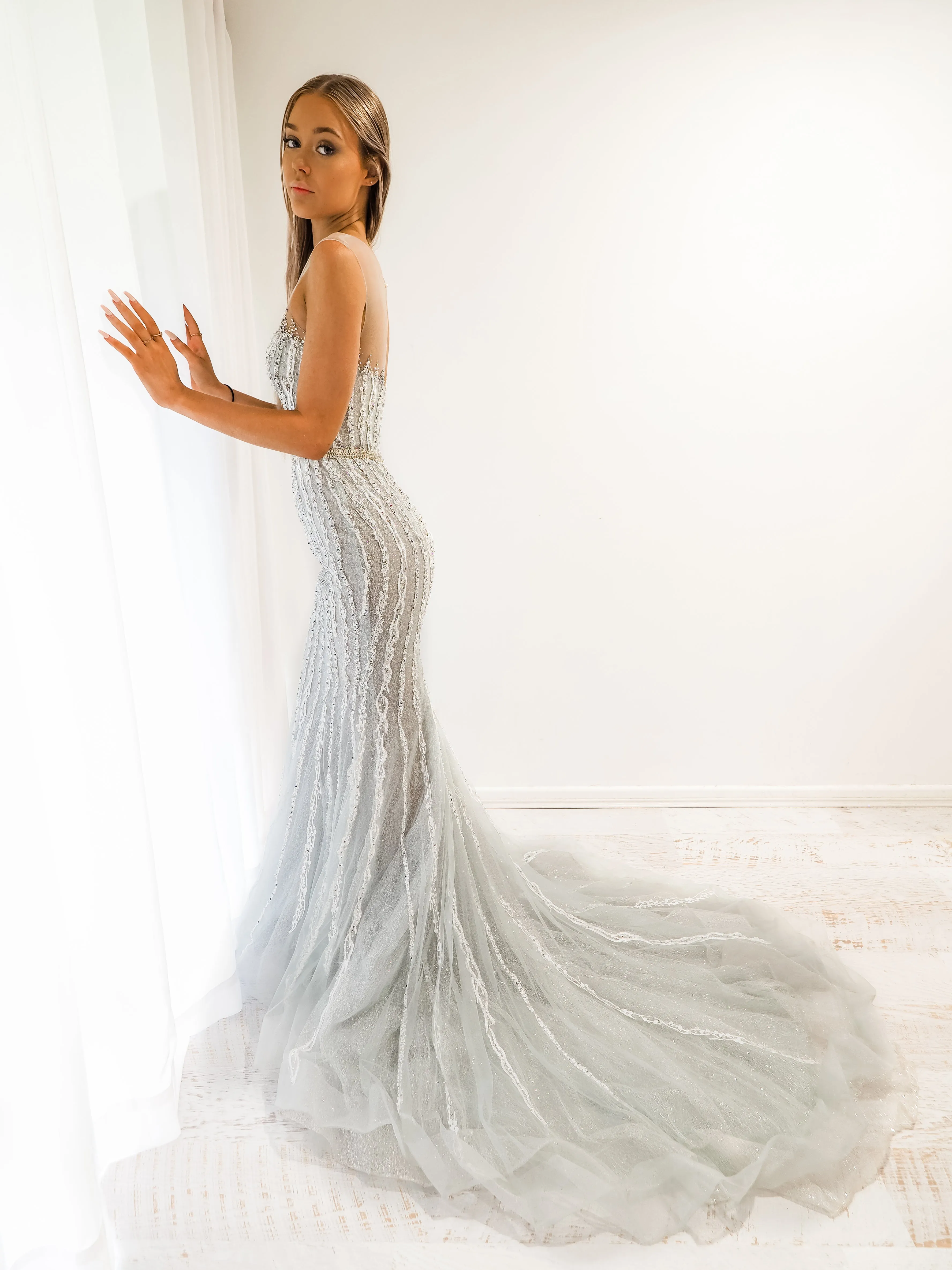 Silver mermaid dress with long train