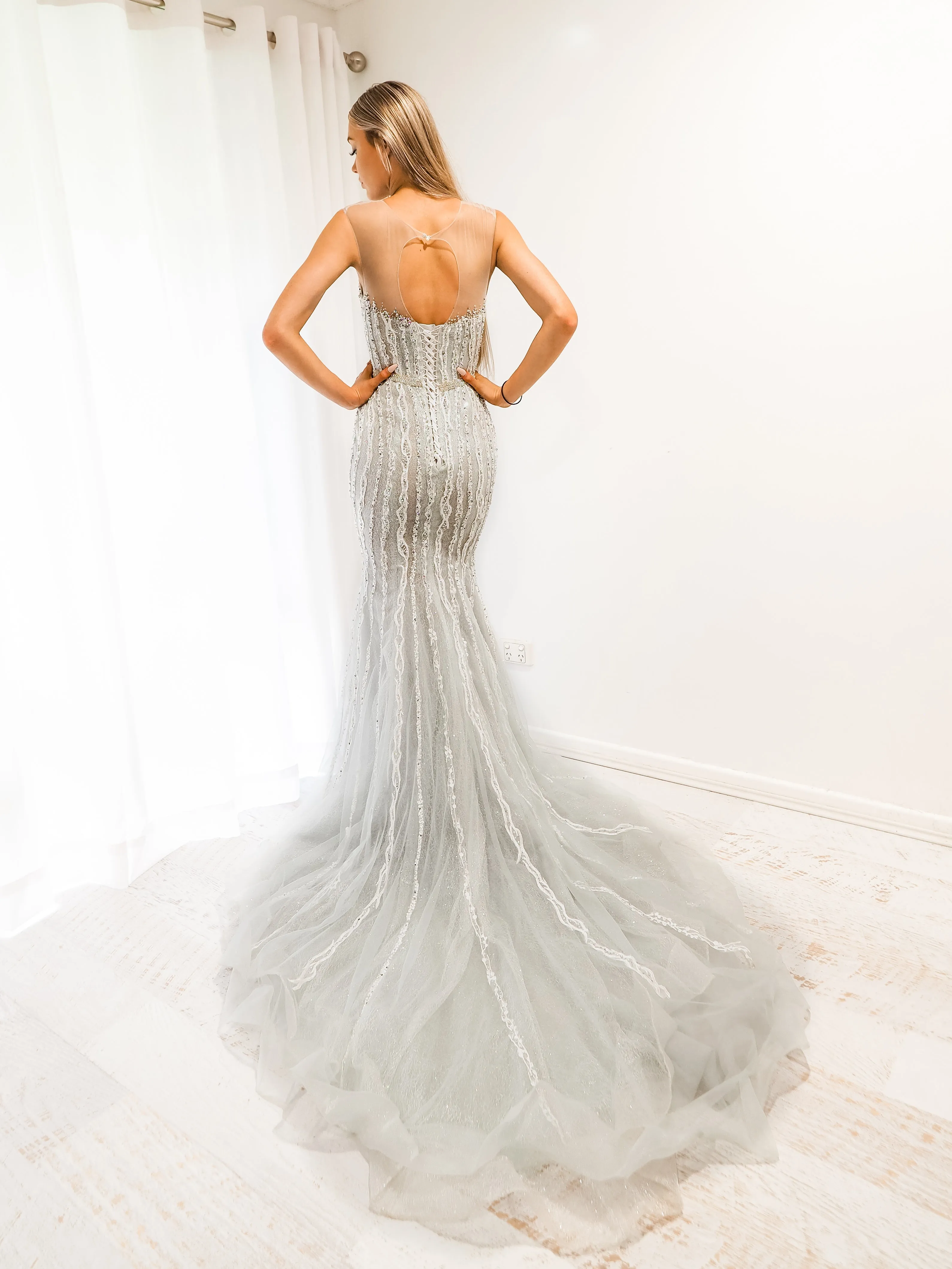 Silver mermaid dress with long train