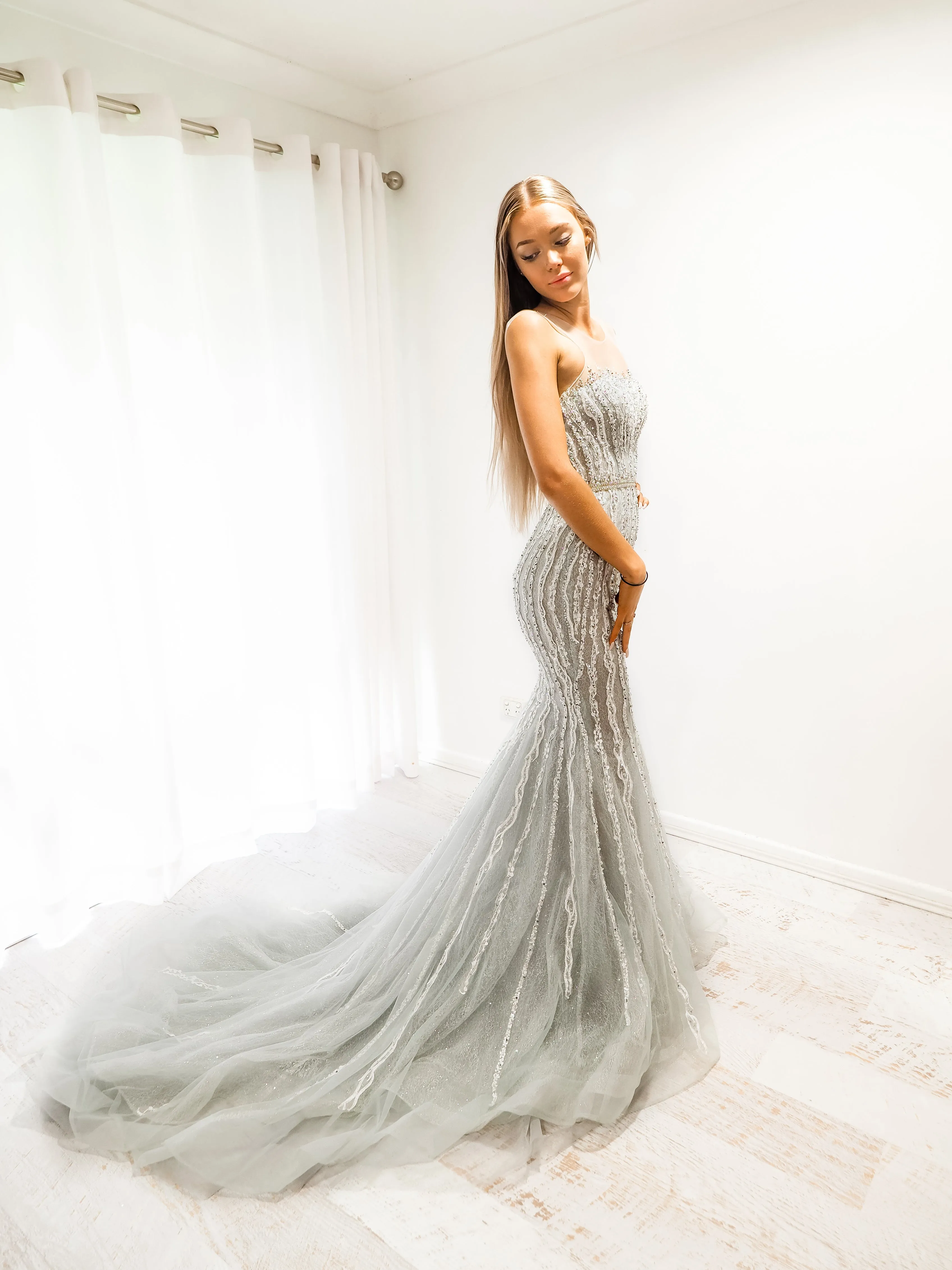 Silver mermaid dress with long train