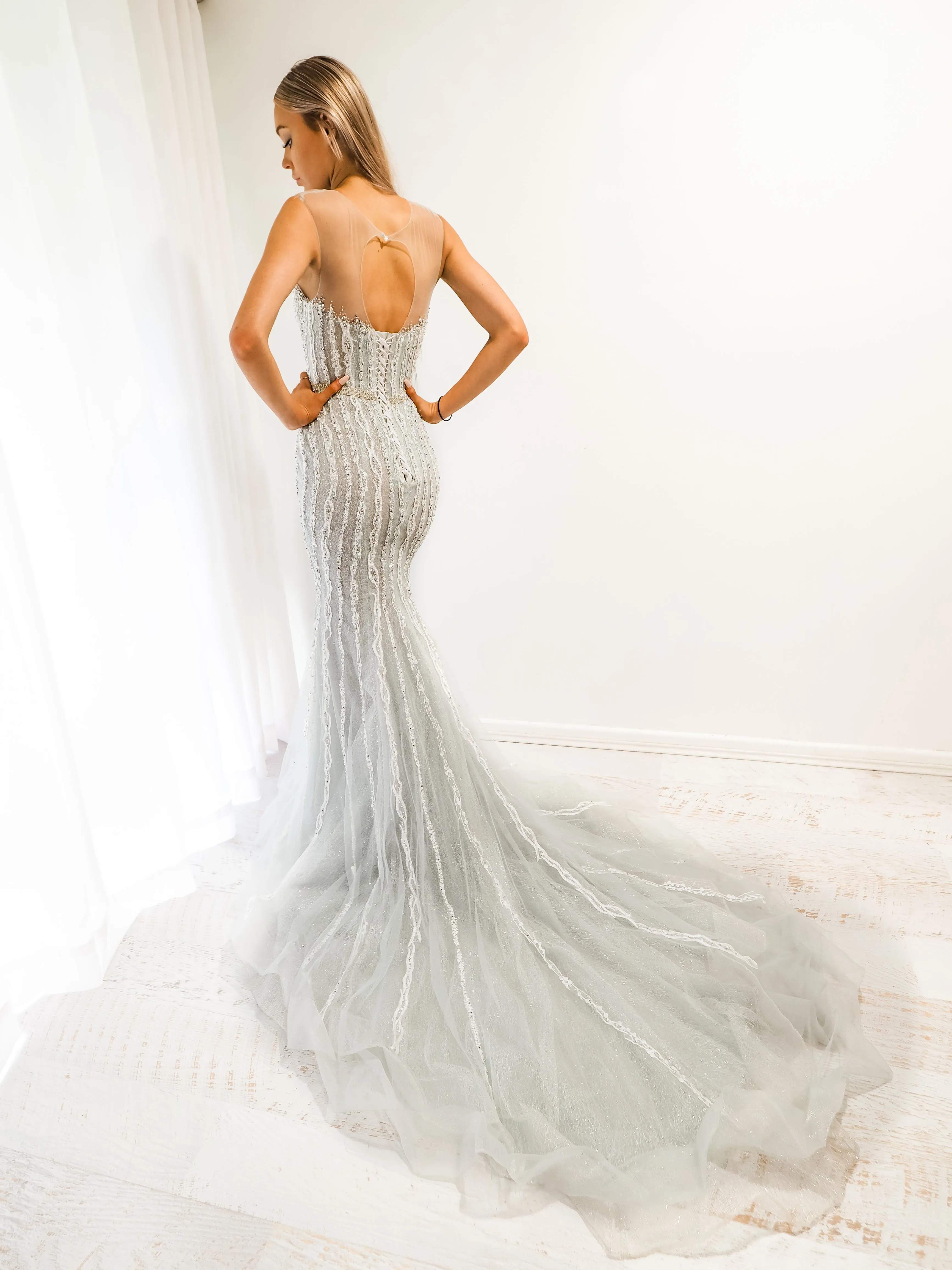 Silver mermaid dress with long train