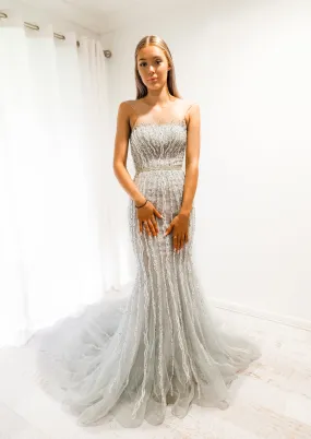Silver mermaid dress with long train