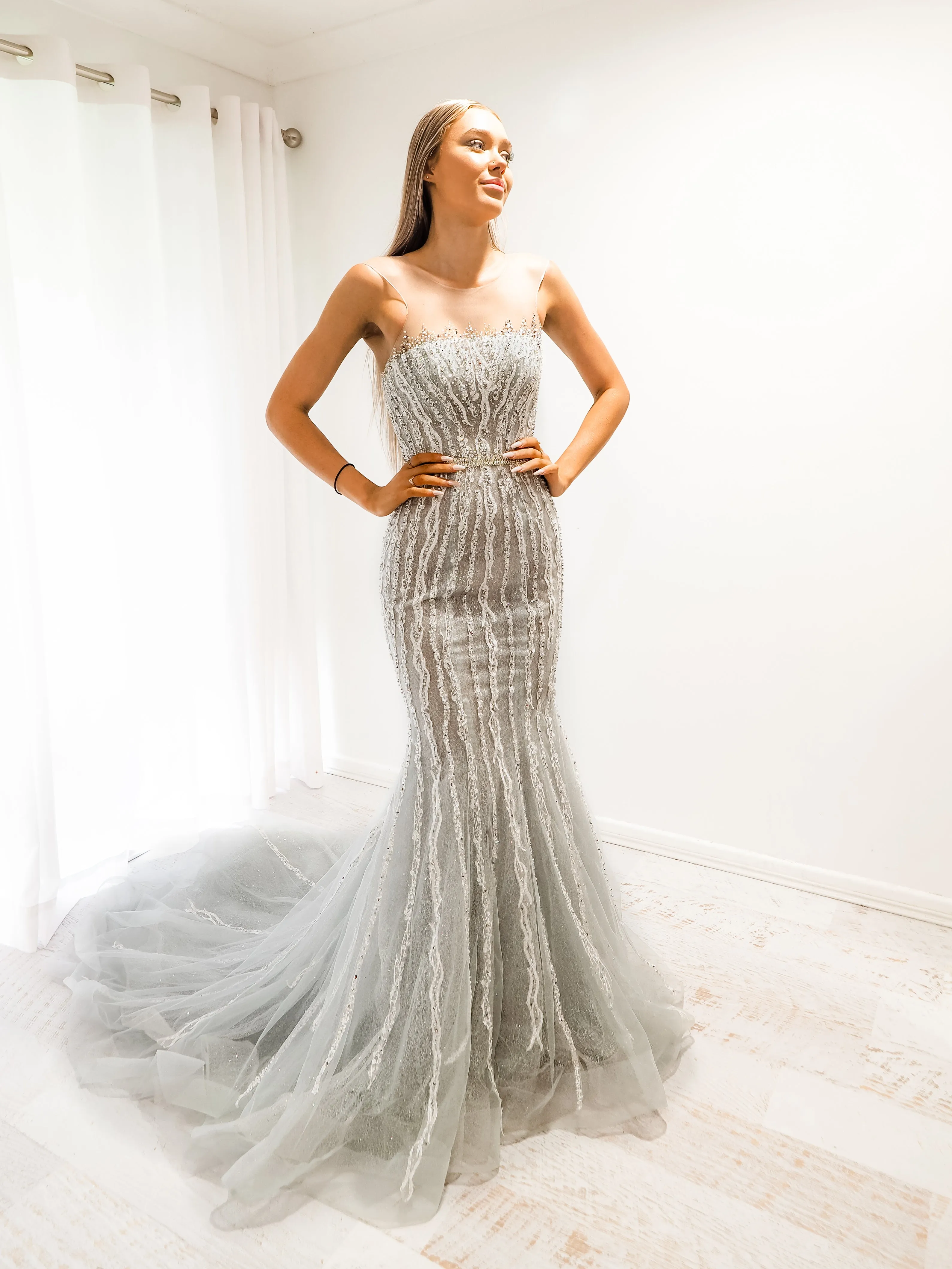 Silver mermaid dress with long train