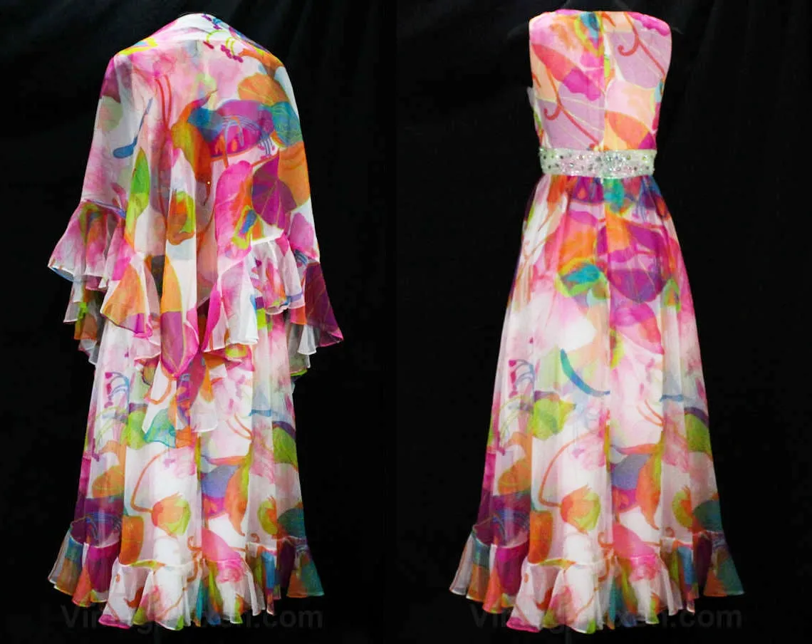 Size 4 Tropical Diva Dress - 1960s 70s Summer Evening Gown - 70s Glam Sleeveless Pink Orange White Floral Chiffon with Posh Beaded Waist
