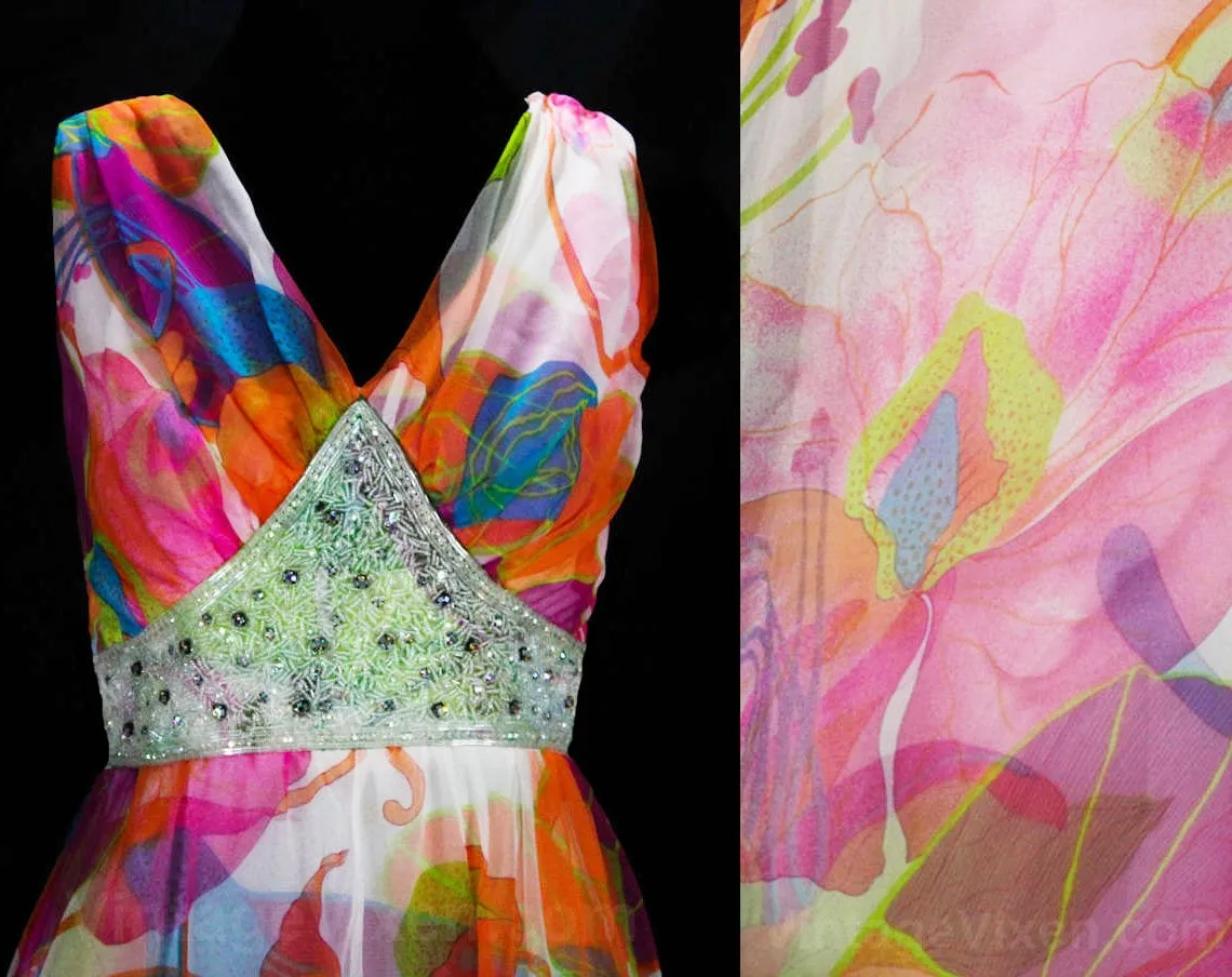 Size 4 Tropical Diva Dress - 1960s 70s Summer Evening Gown - 70s Glam Sleeveless Pink Orange White Floral Chiffon with Posh Beaded Waist
