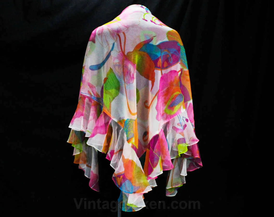 Size 4 Tropical Diva Dress - 1960s 70s Summer Evening Gown - 70s Glam Sleeveless Pink Orange White Floral Chiffon with Posh Beaded Waist