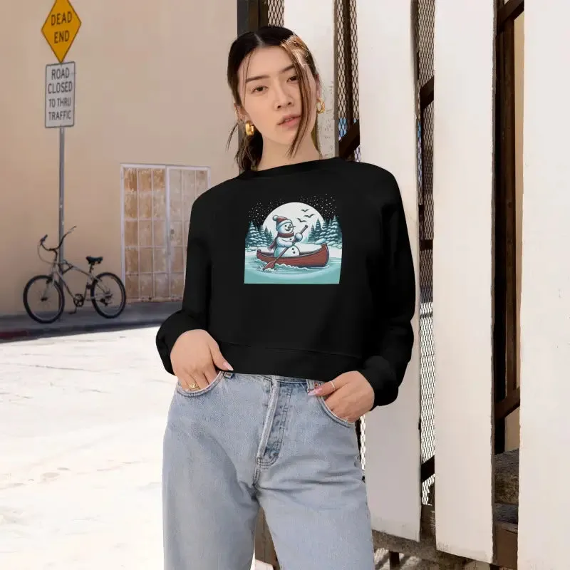 Snowman Canoe Wonderland Cropped Fleece Sweatshirt
