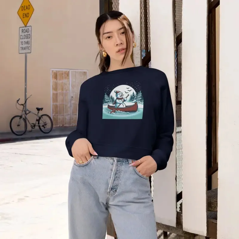Snowman Canoe Wonderland Cropped Fleece Sweatshirt