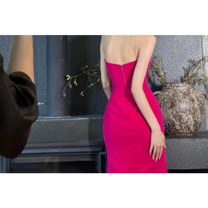 Strapless Floral Cutout Slit Asymmetrical Wrap Midi Bodycon Dress
