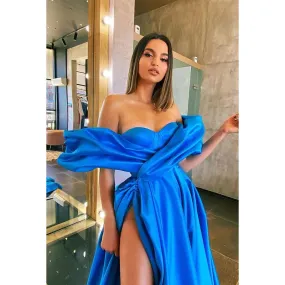 Sweetheart Off-Shoulder Ruched Satin A-Line Long Prom Gown With Slit