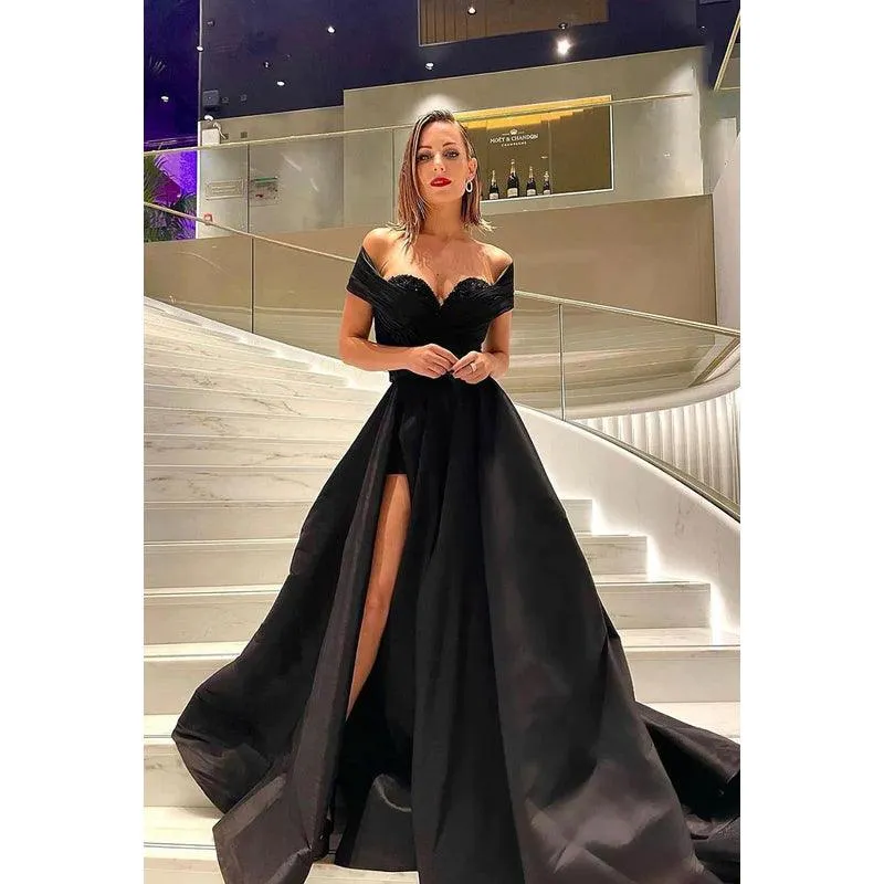 Sweetheart Off-Shoulder Sequined Ruched A-Line Long Prom Gown