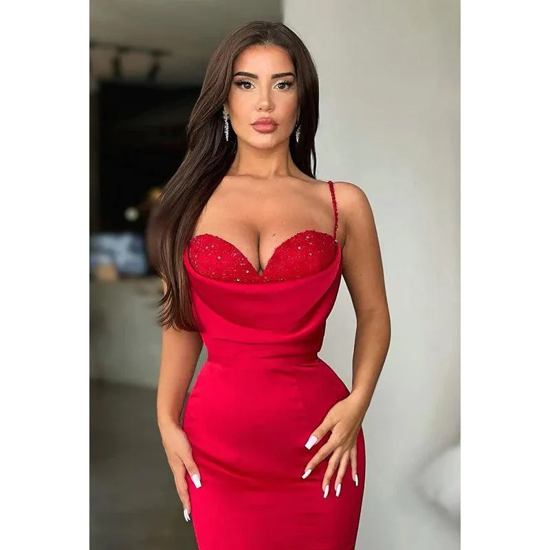 Sweetheart Spaghetti Straps Satin Mermaid Long Prom Evening Gown