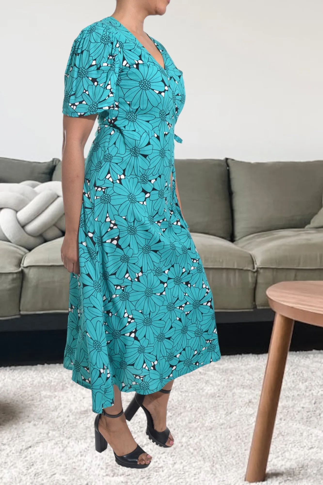 Teal And Black Floral Wrap Dress