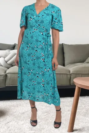 Teal And Black Floral Wrap Dress