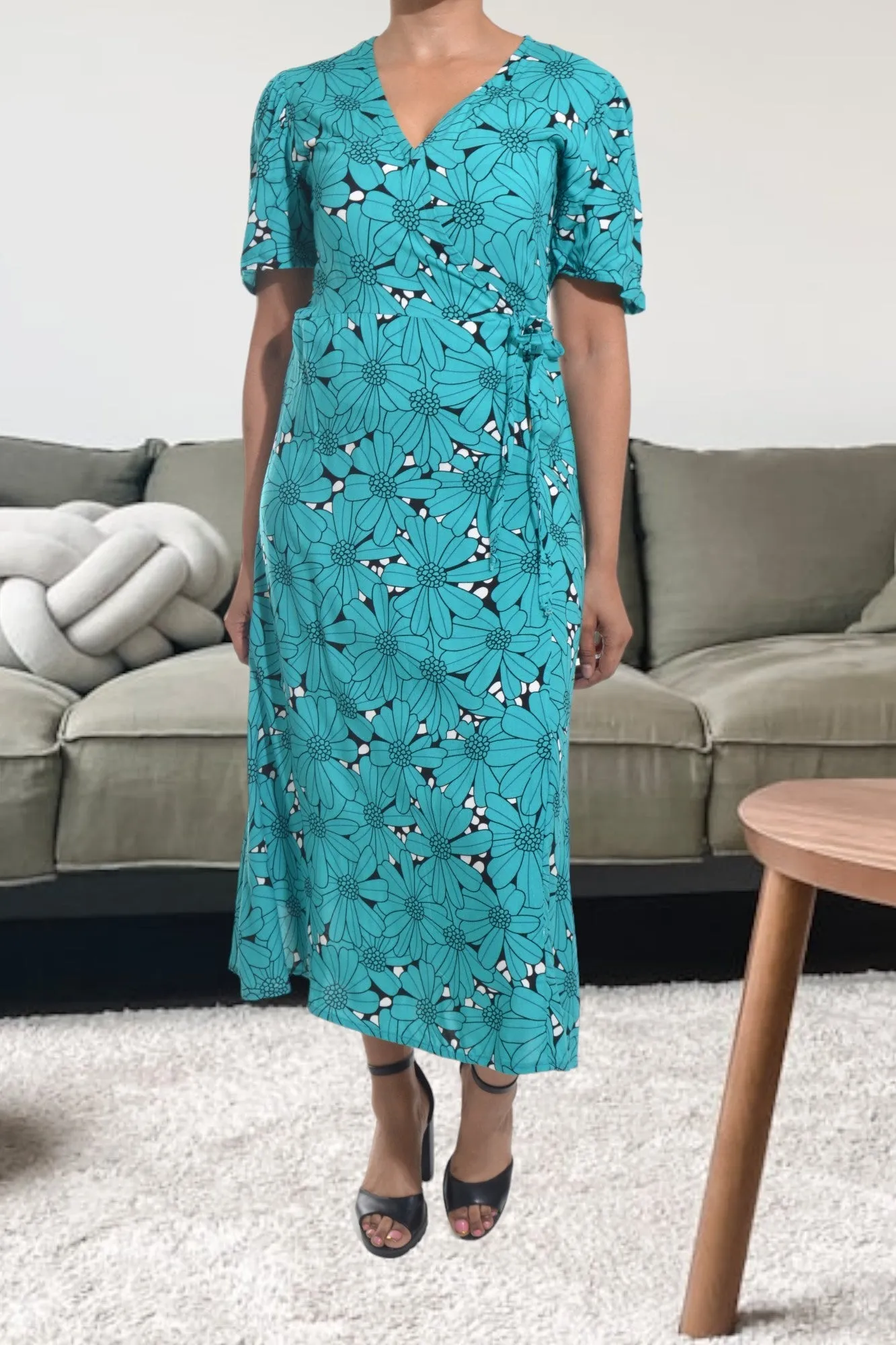 Teal And Black Floral Wrap Dress
