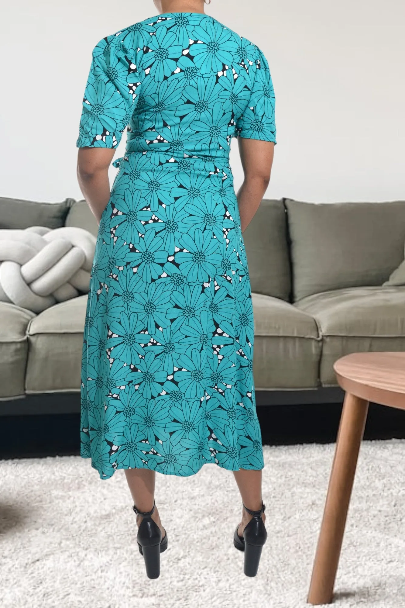 Teal And Black Floral Wrap Dress