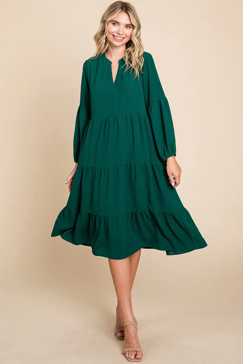 Tiered V Neck Long Sleeve Ruffle Hem Midi Dress