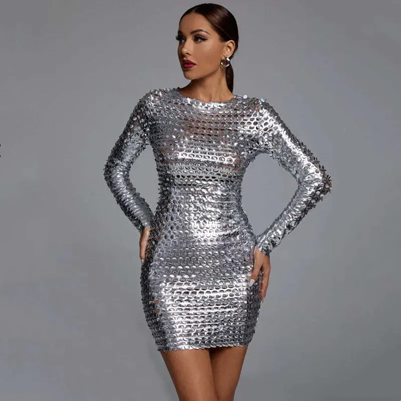 Trendy Hollow Out Silver Party Long Sleeve Mini Dress