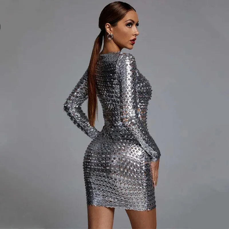 Trendy Hollow Out Silver Party Long Sleeve Mini Dress