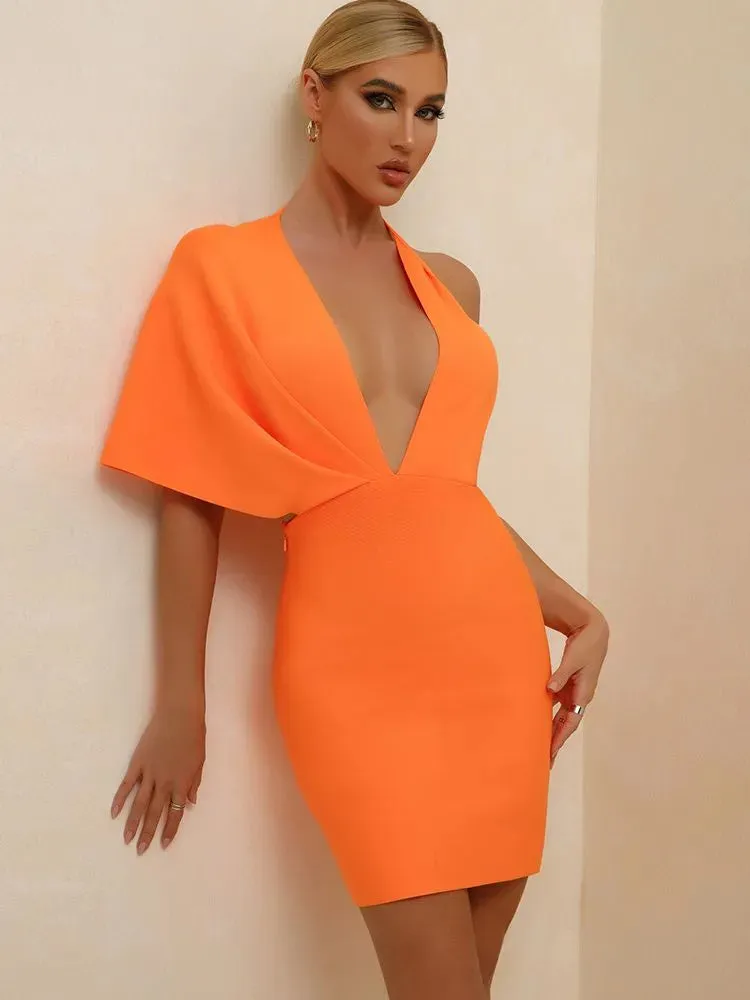 Trendy Orange Bandage One Shoulder Backless Dress