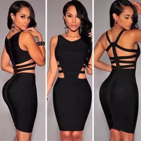 Trendy Party Bandage Black Hollow Out V-Neck Sleeveless Dress