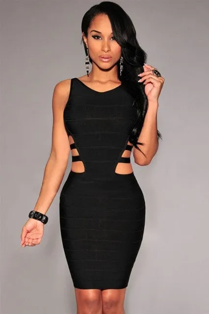 Trendy Party Bandage Black Hollow Out V-Neck Sleeveless Dress