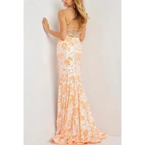 V-Neck Spaghetti Straps Floral Sequined Sheath Long Prom Evening Dress