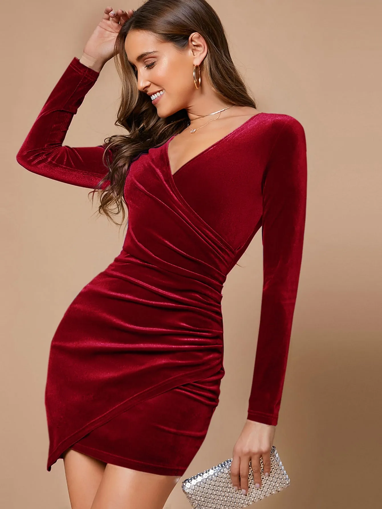V-Neck Wrap Front Ruched Detail Slim Fit Velvet Dress
