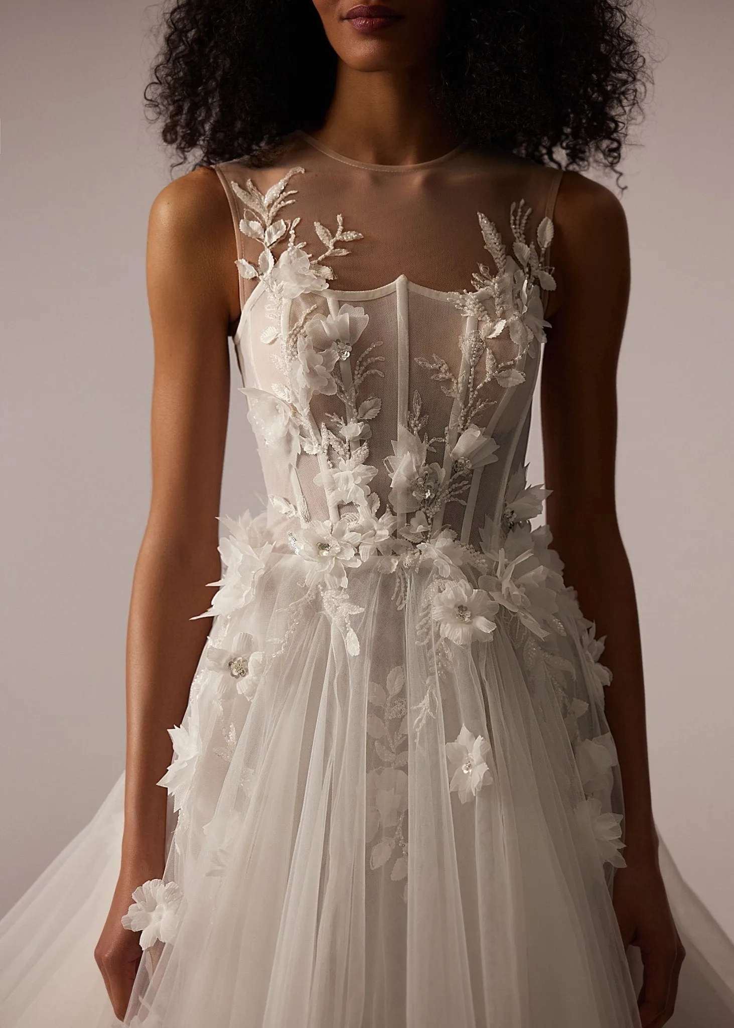 White Floral Appliqué Tulle Wedding Dress with Illusion Bodice, Sheer Sleeveless Design, and Floor-Length Train - Plus Size