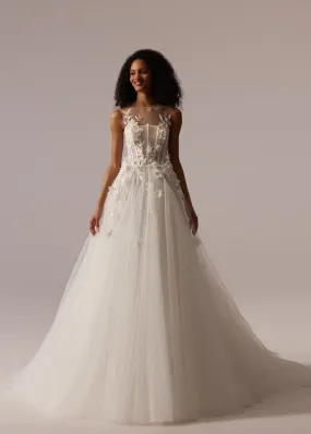 White Floral Appliqué Tulle Wedding Dress with Illusion Bodice, Sheer Sleeveless Design, and Floor-Length Train - Plus Size