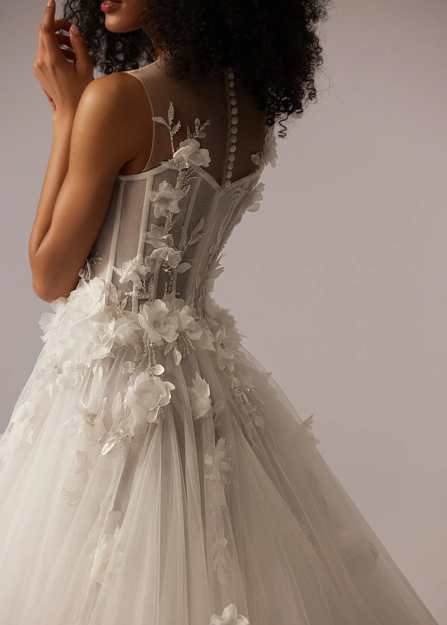 White Floral Appliqué Tulle Wedding Dress with Illusion Bodice, Sheer Sleeveless Design, and Floor-Length Train - Plus Size