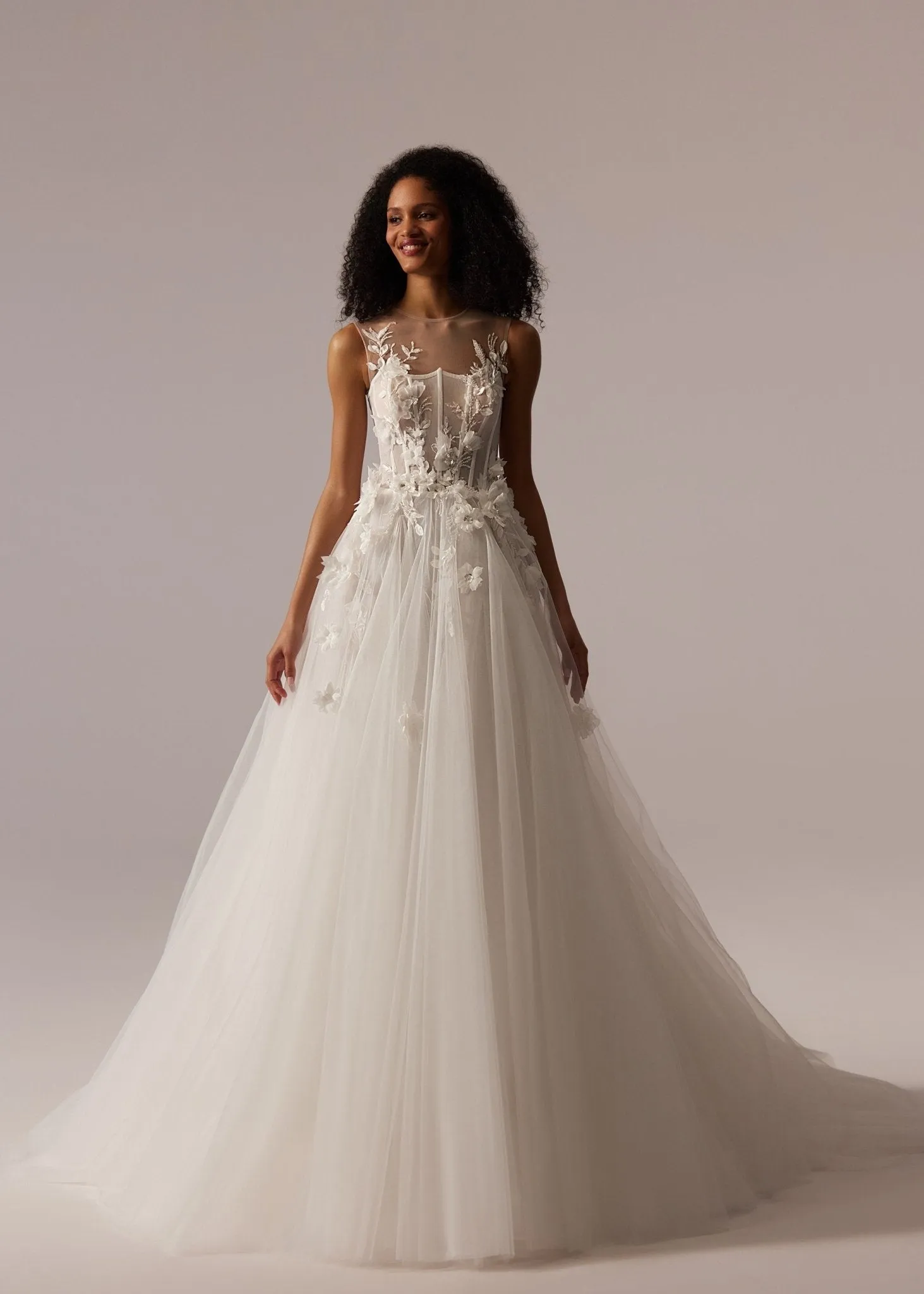 White Floral Appliqué Tulle Wedding Dress with Illusion Bodice, Sheer Sleeveless Design, and Floor-Length Train - Plus Size