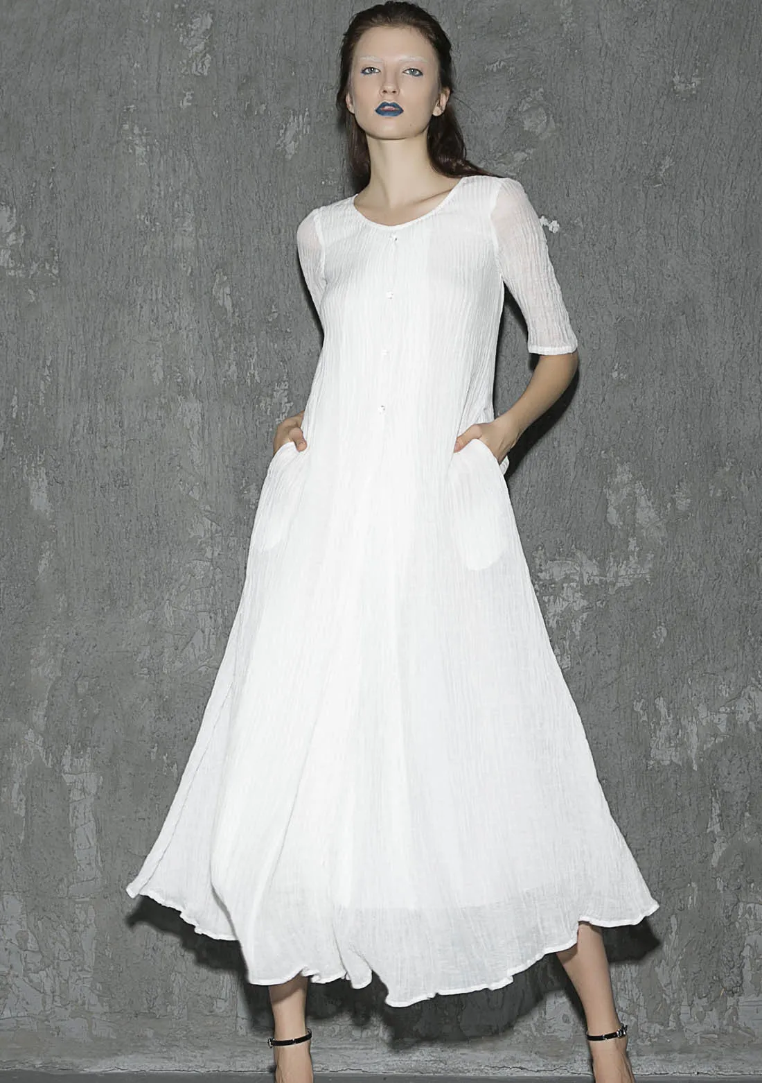 White linen dress maxi dress women dress long prom dress(1305)