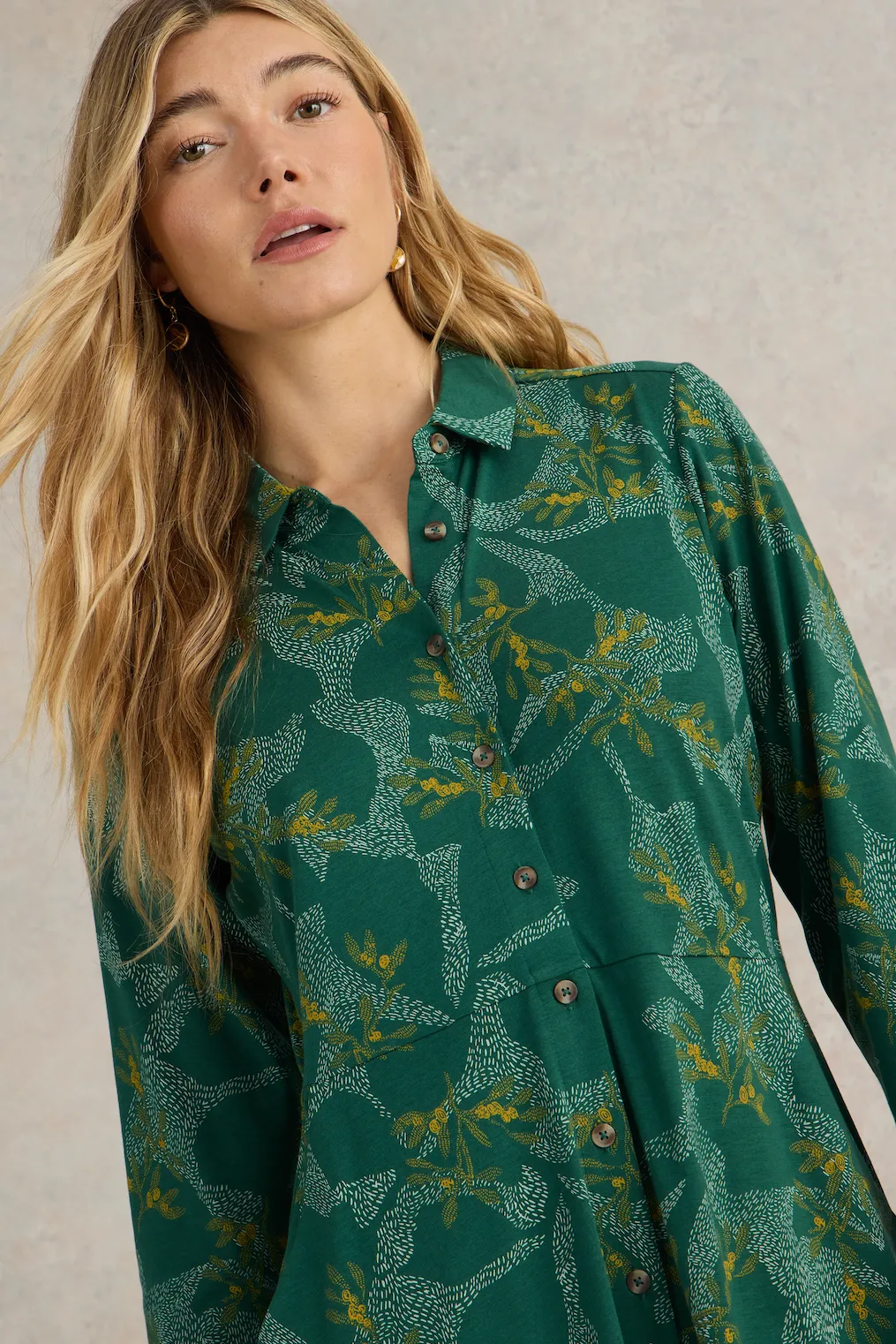 White Stuff Rua Jersey Green Mlt Shirt Dress