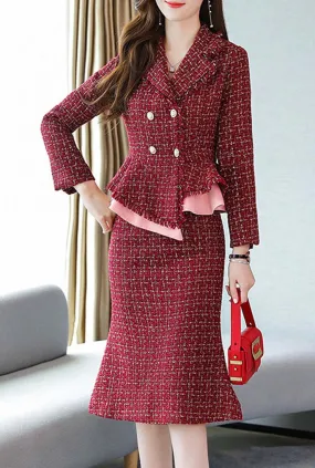 Wine Red Tweed Blazer & Midi Fishtail Skirt Suits
