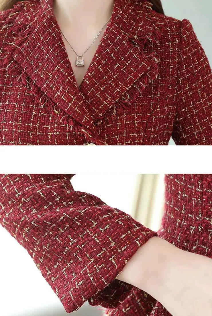 Wine Red Tweed Blazer & Midi Fishtail Skirt Suits