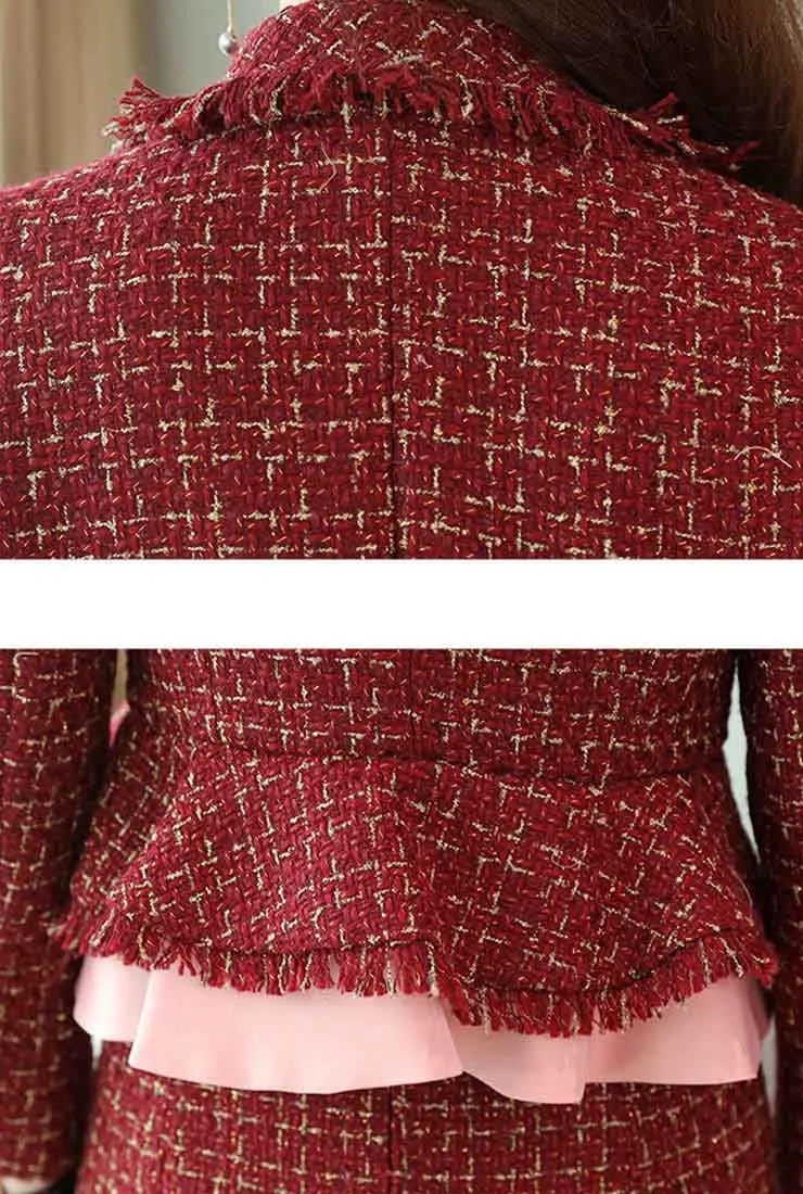 Wine Red Tweed Blazer & Midi Fishtail Skirt Suits