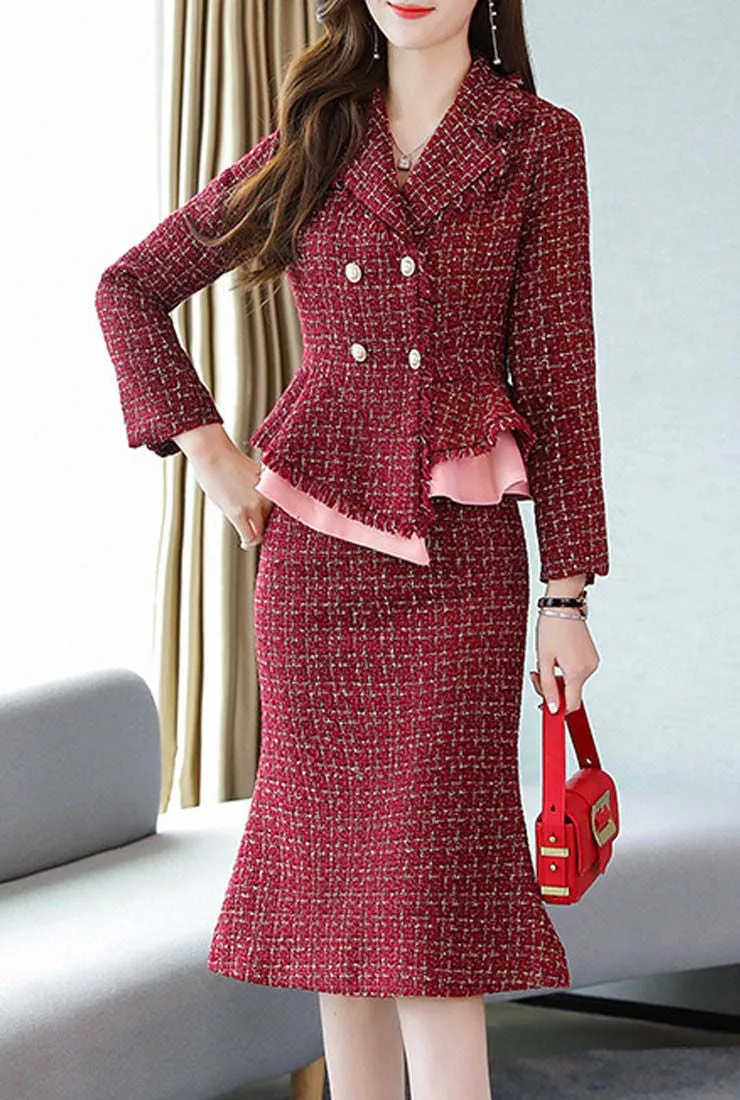 Wine Red Tweed Blazer & Midi Fishtail Skirt Suits
