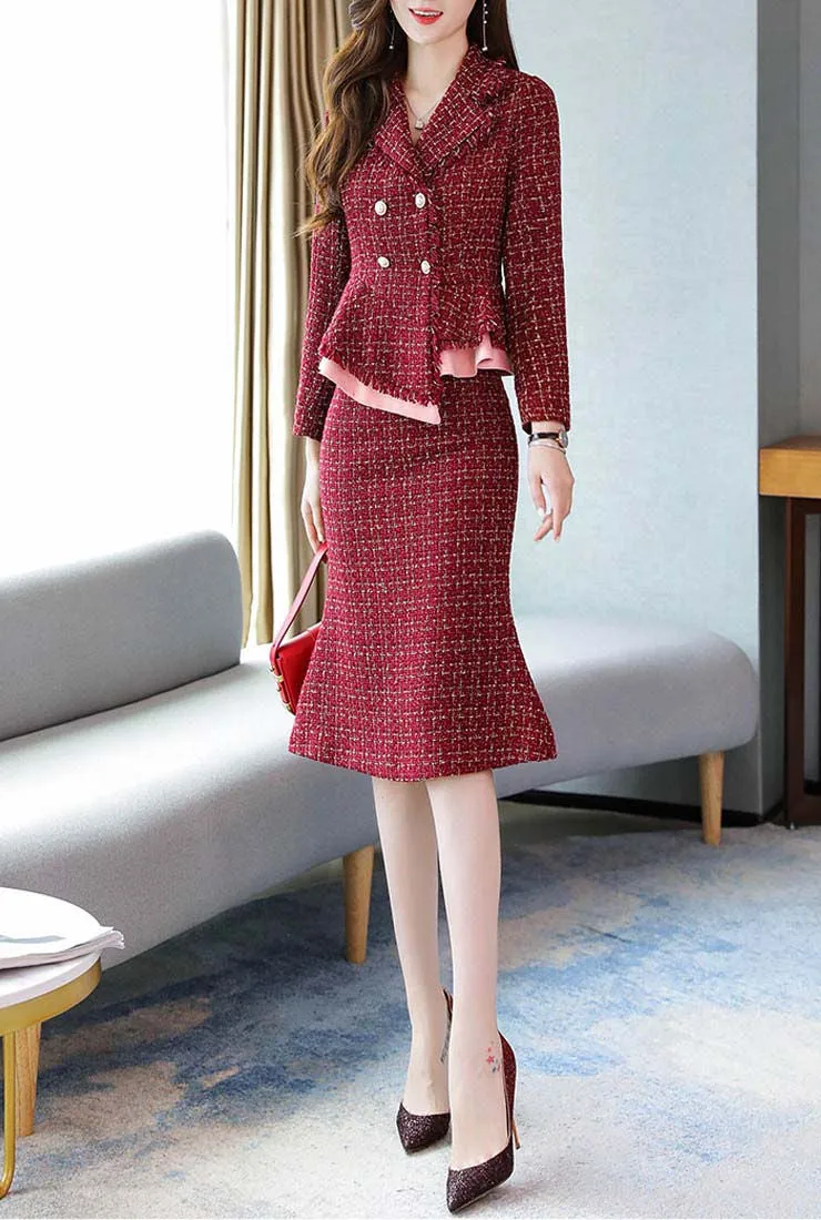 Wine Red Tweed Blazer & Midi Fishtail Skirt Suits
