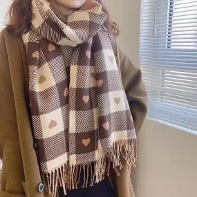 Women Cashmere Knitted Heart-pattern Plaid Scarf