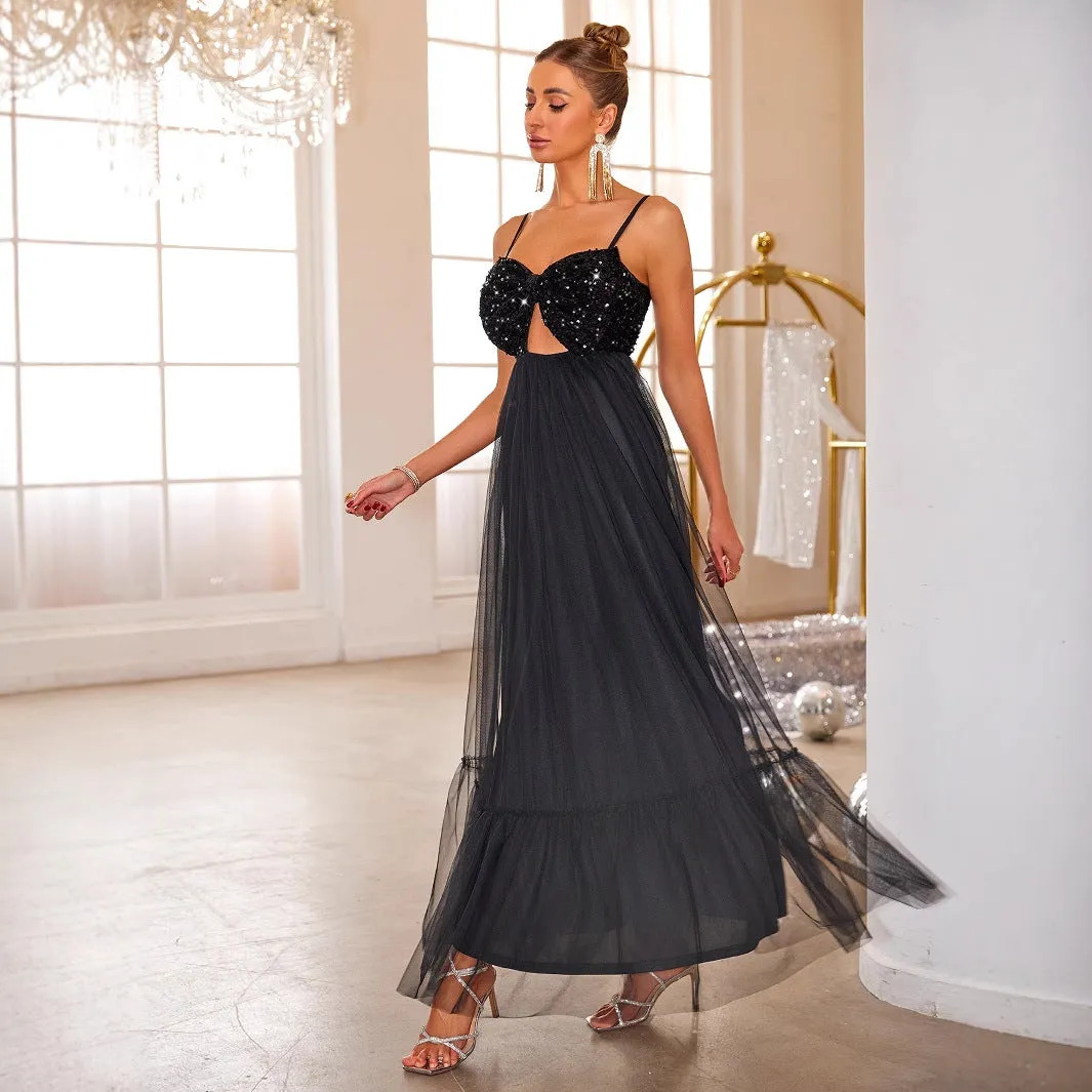 Women Long Mesh Sequin Black Evening Dress