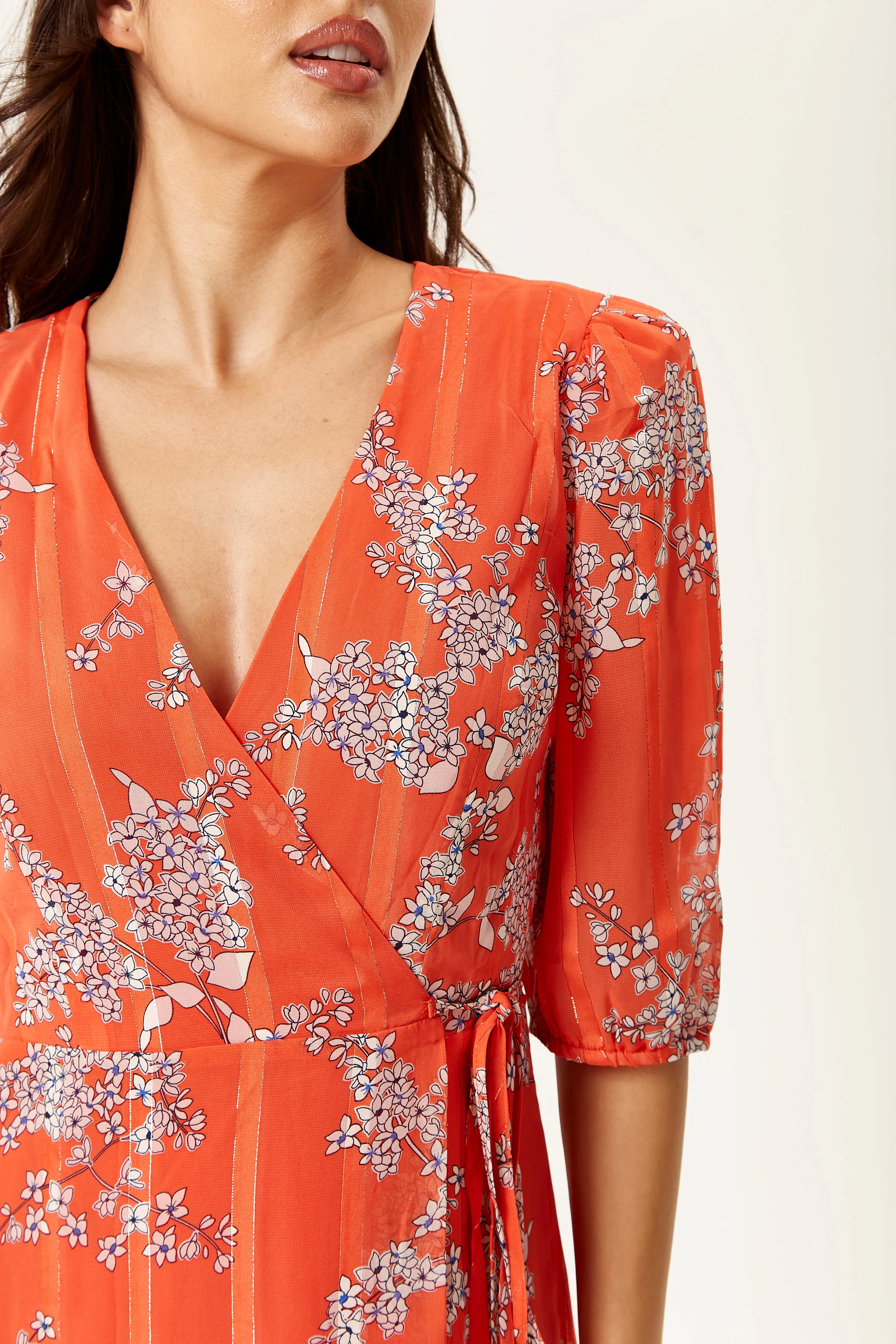 Women's Midi Wrap Dress in Red Floral Print with Short Sleeves - Elegant Design by Liquorish