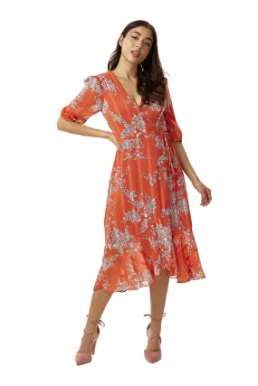 Women's Midi Wrap Dress in Red Floral Print with Short Sleeves - Elegant Design by Liquorish