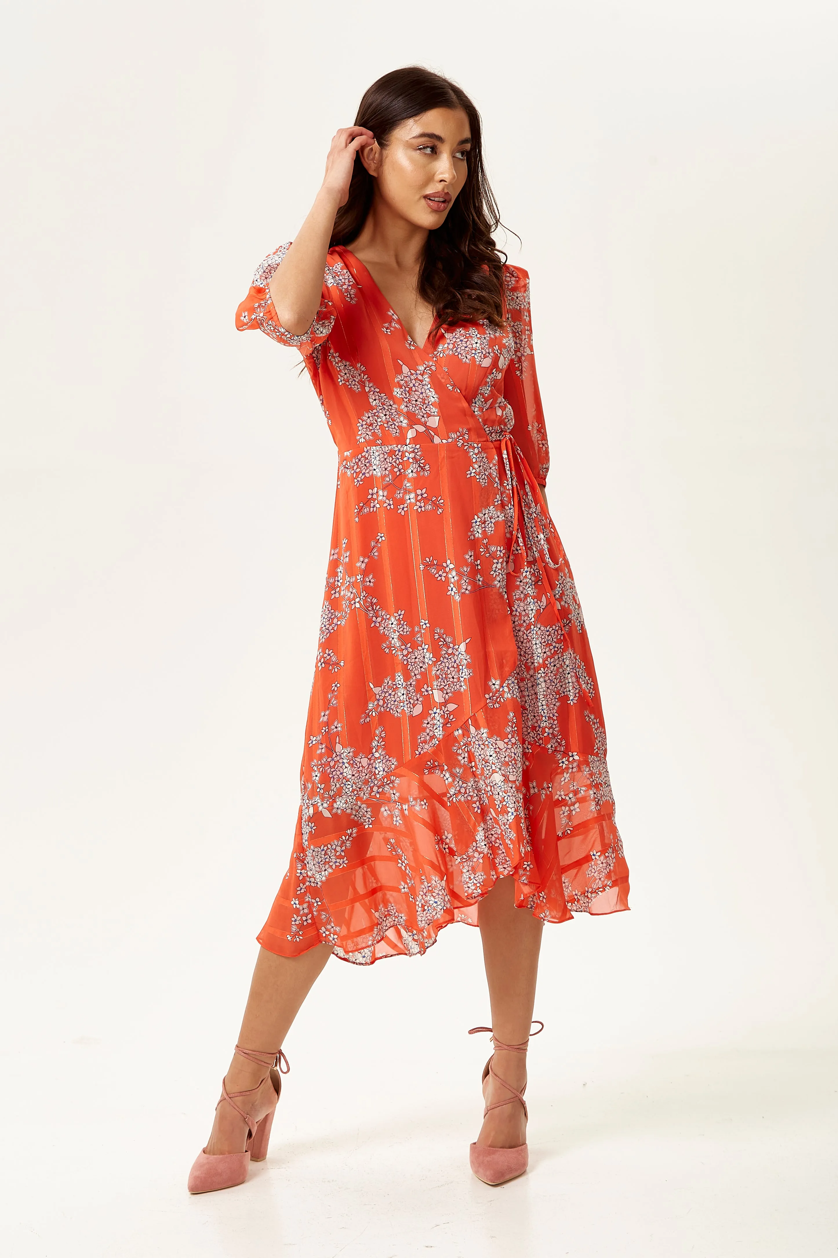 Women's Midi Wrap Dress in Red Floral Print with Short Sleeves - Elegant Design by Liquorish