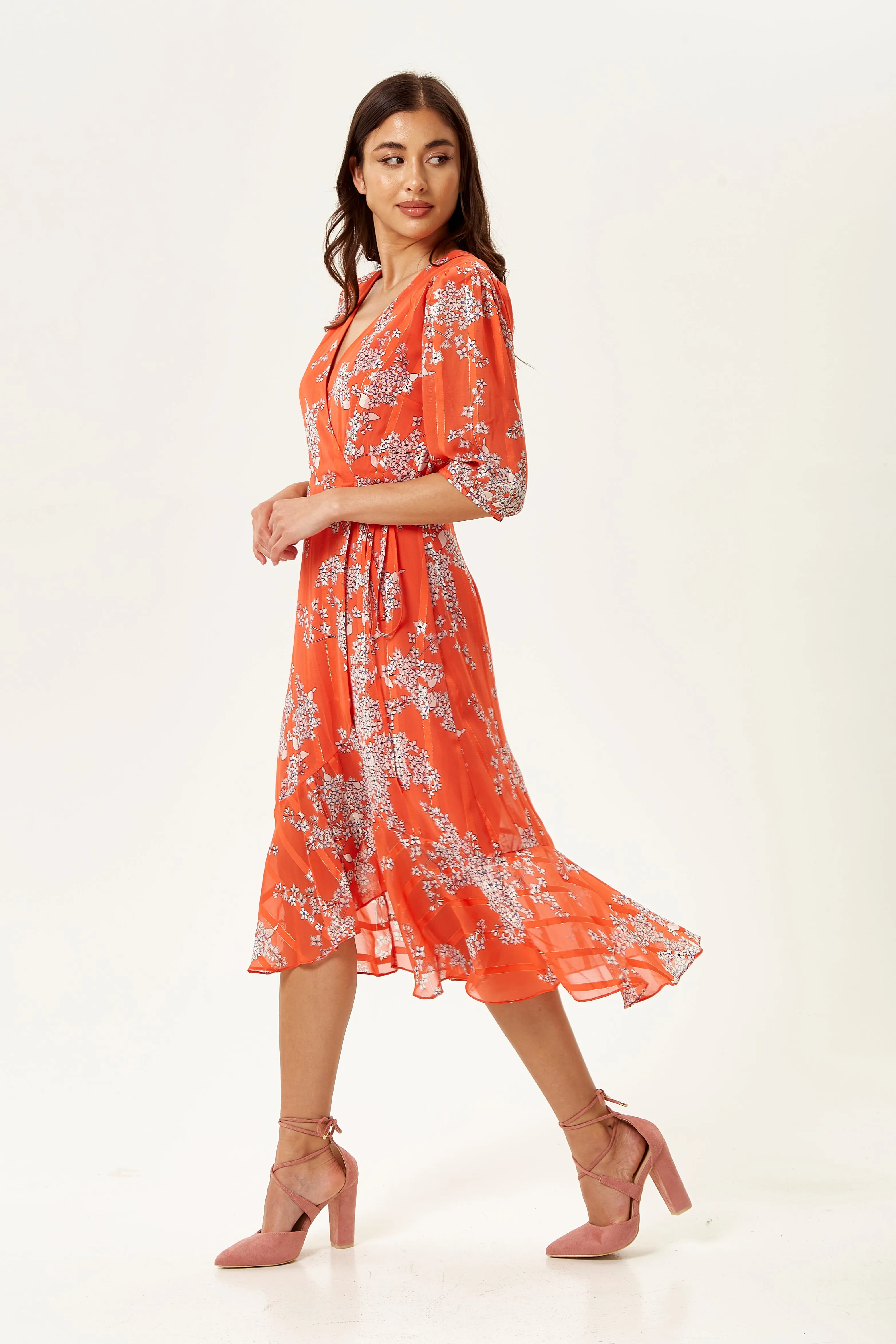 Women's Midi Wrap Dress in Red Floral Print with Short Sleeves - Elegant Design by Liquorish