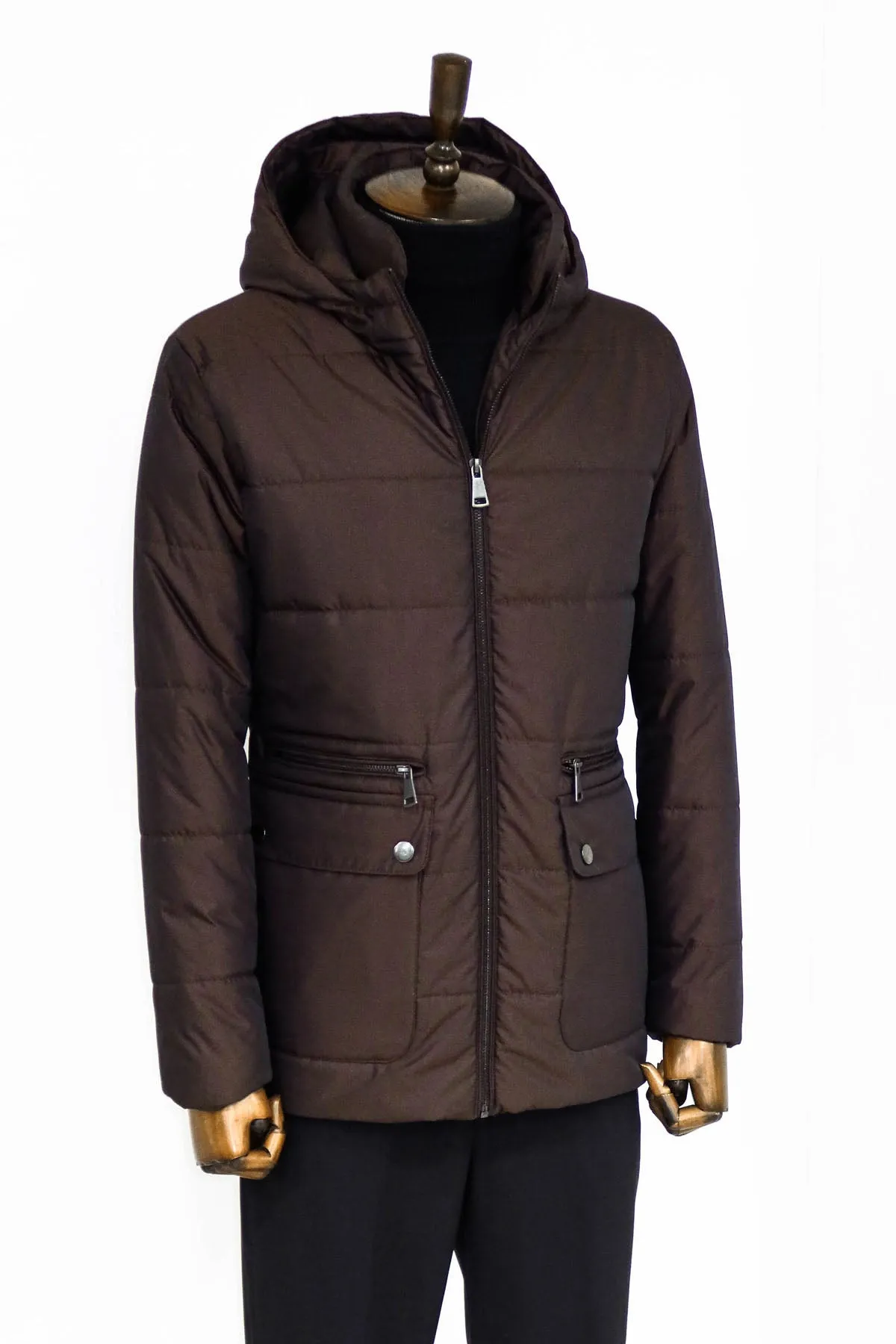 WSS 4 Pockets Hooded Zippered Quilted Brown Men Down Coat - Saint-Herblain