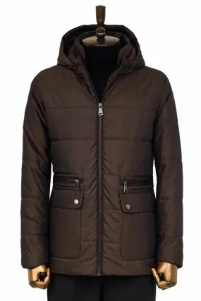 WSS 4 Pockets Hooded Zippered Quilted Brown Men Down Coat - Saint-Herblain