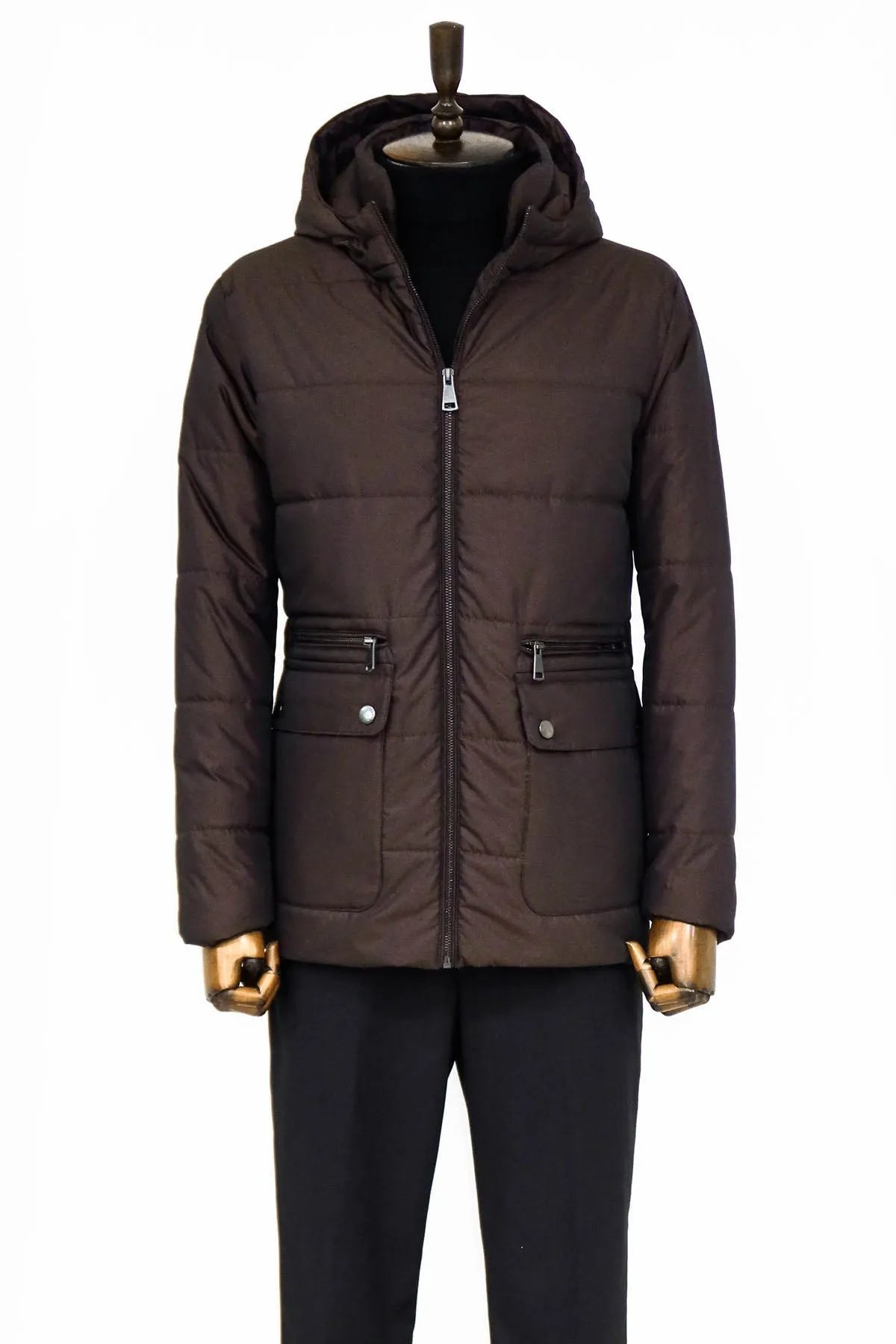 WSS 4 Pockets Hooded Zippered Quilted Brown Men Down Coat - Saint-Herblain