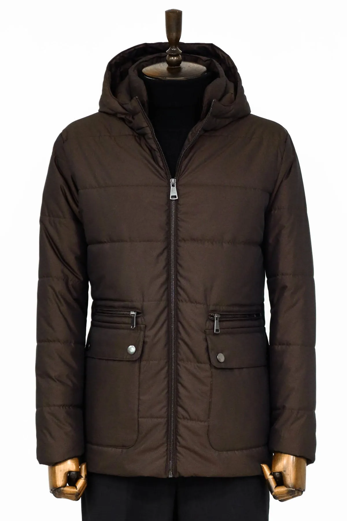 WSS 4 Pockets Hooded Zippered Quilted Brown Men Down Coat - Saint-Herblain