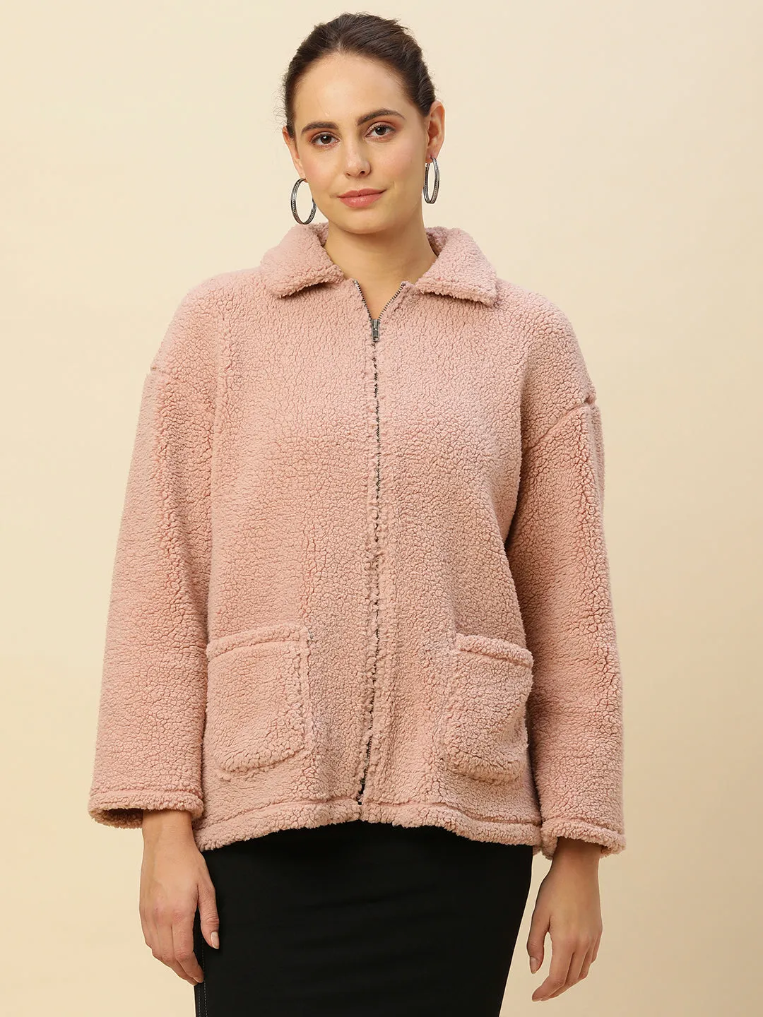 Zippered Oversized Sherpa Drop Shoulder Jacket