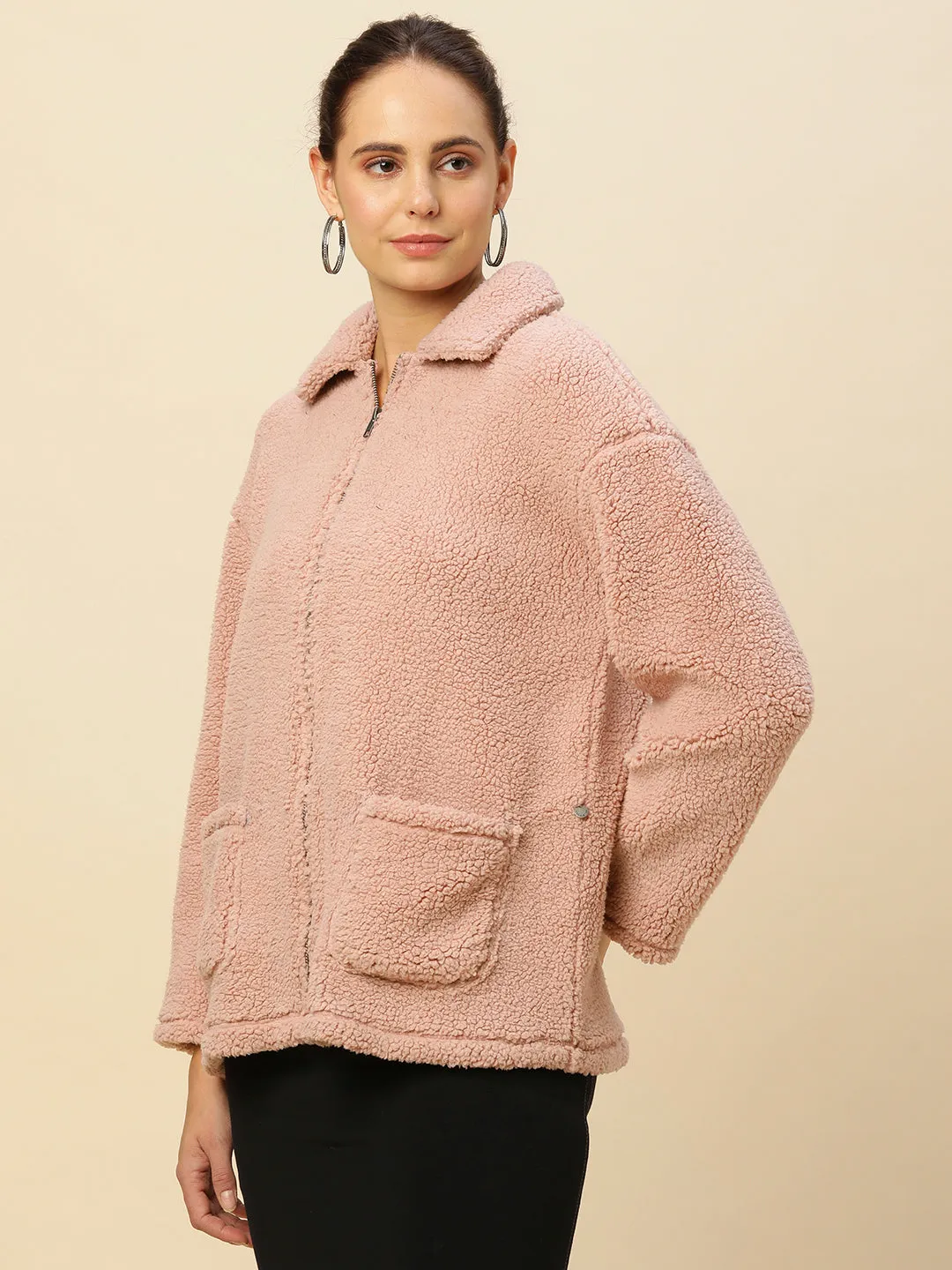 Zippered Oversized Sherpa Drop Shoulder Jacket